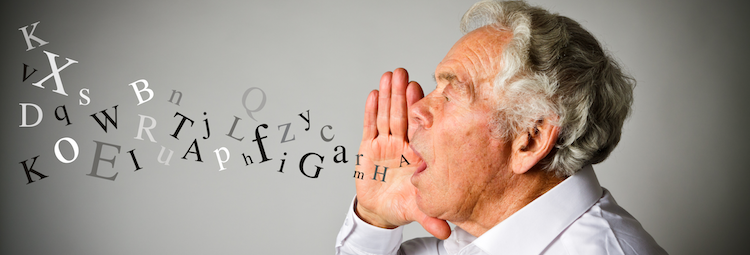 Un homme crie et des lettres sortent de sa bouche (pour illustrer la logopédie)